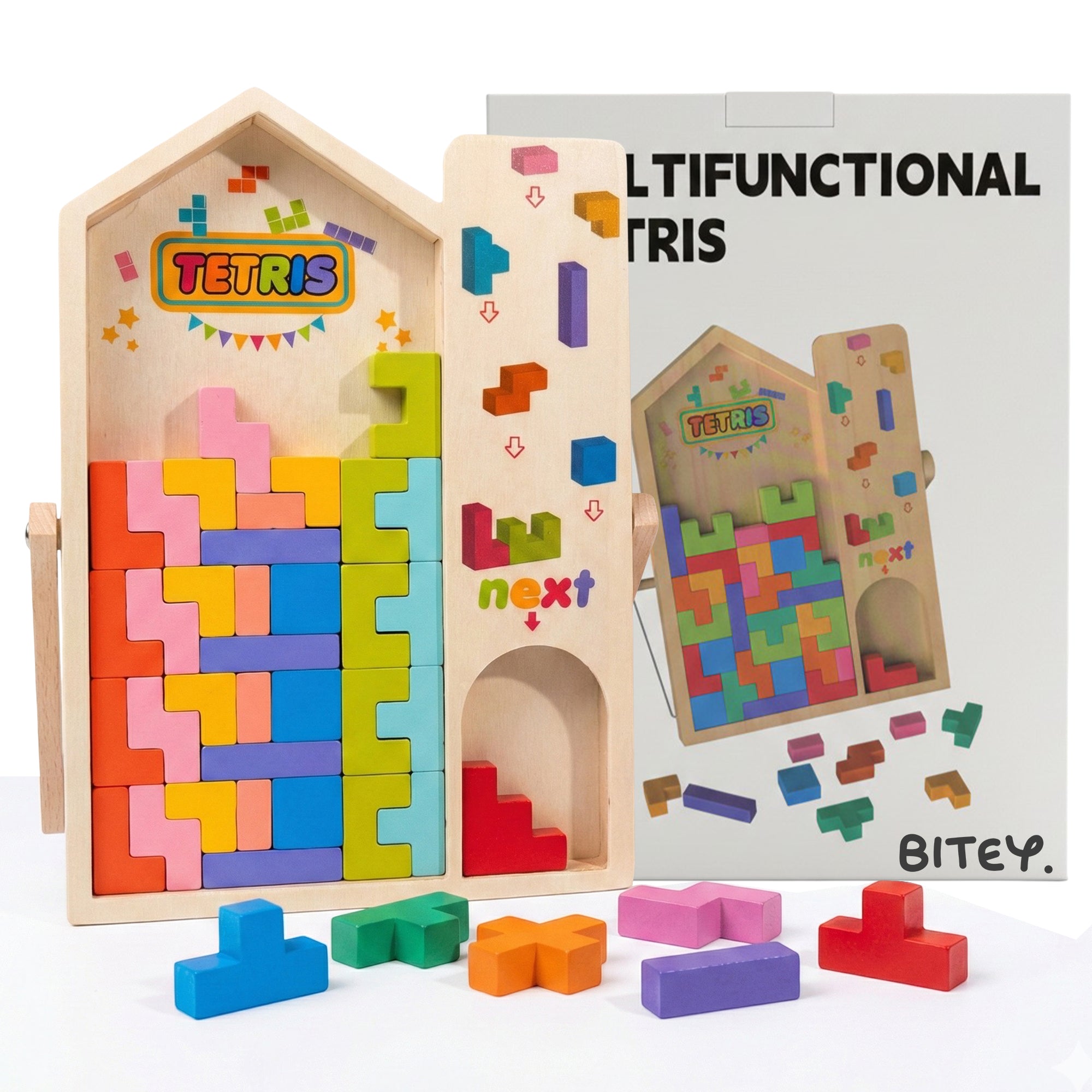 Bitey - Houten Montessori Tetris Puzzel – Educatief Peuter & Kleuter Speelgoed 3+