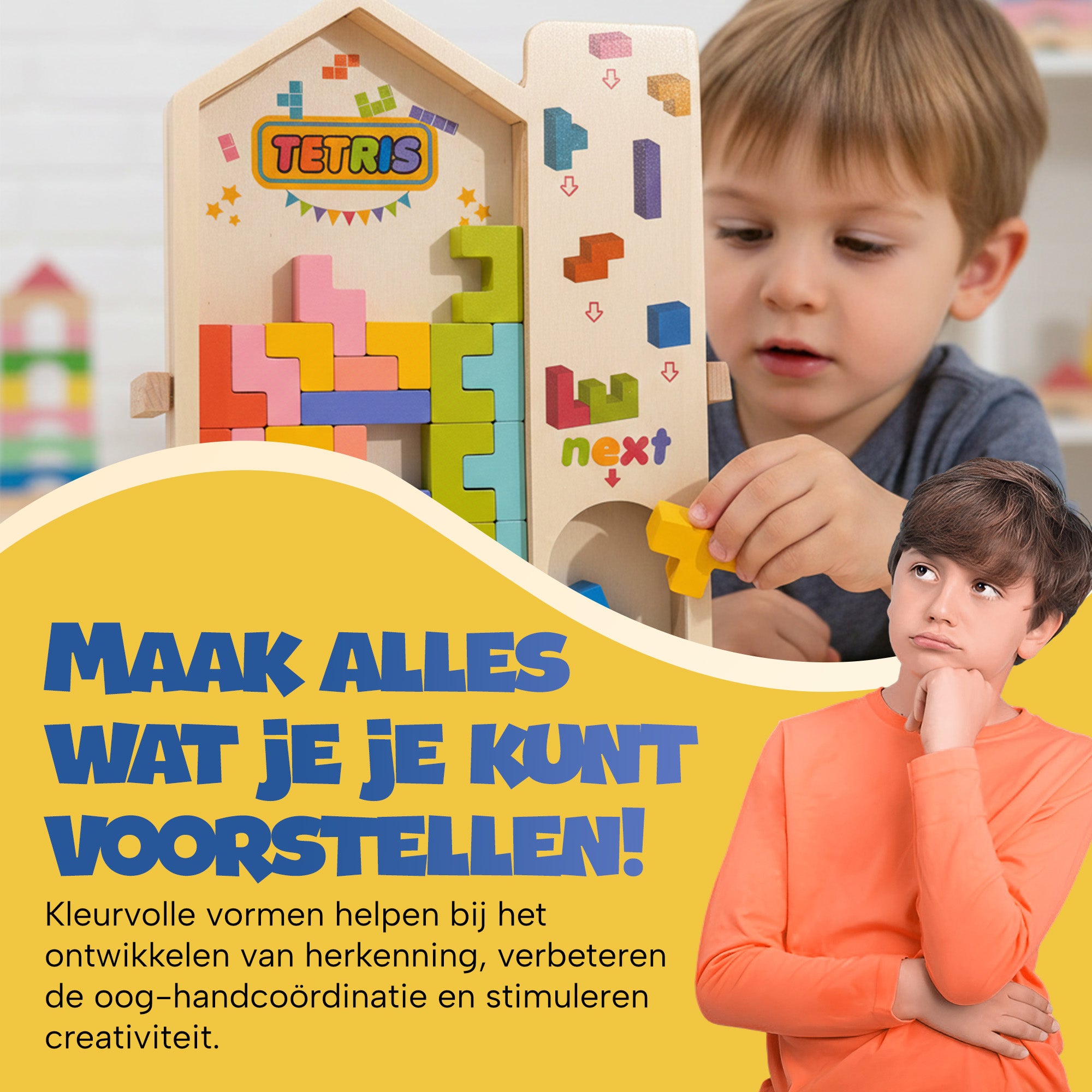 Bitey - Houten Montessori Tetris Puzzel – Educatief Peuter & Kleuter Speelgoed 3+