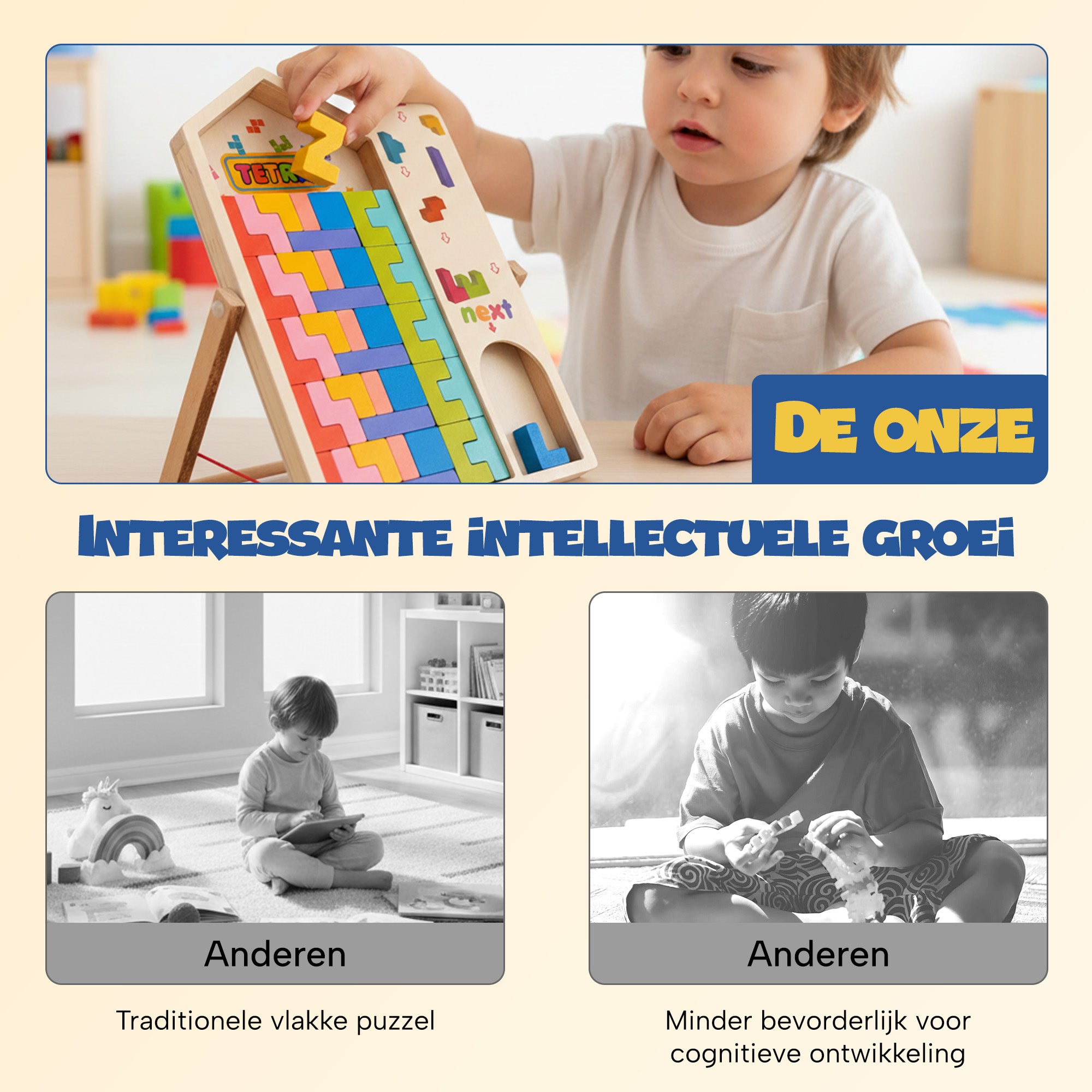 Bitey - Houten Montessori Tetris Puzzel – Educatief Peuter & Kleuter Speelgoed 3+