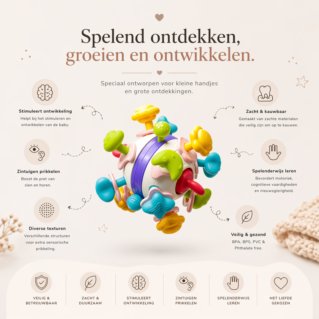 Montessori Spacebal Rammelaar – Siliconen Bijtspeeltje voor Baby’s & Sensorische Ontwikkeling