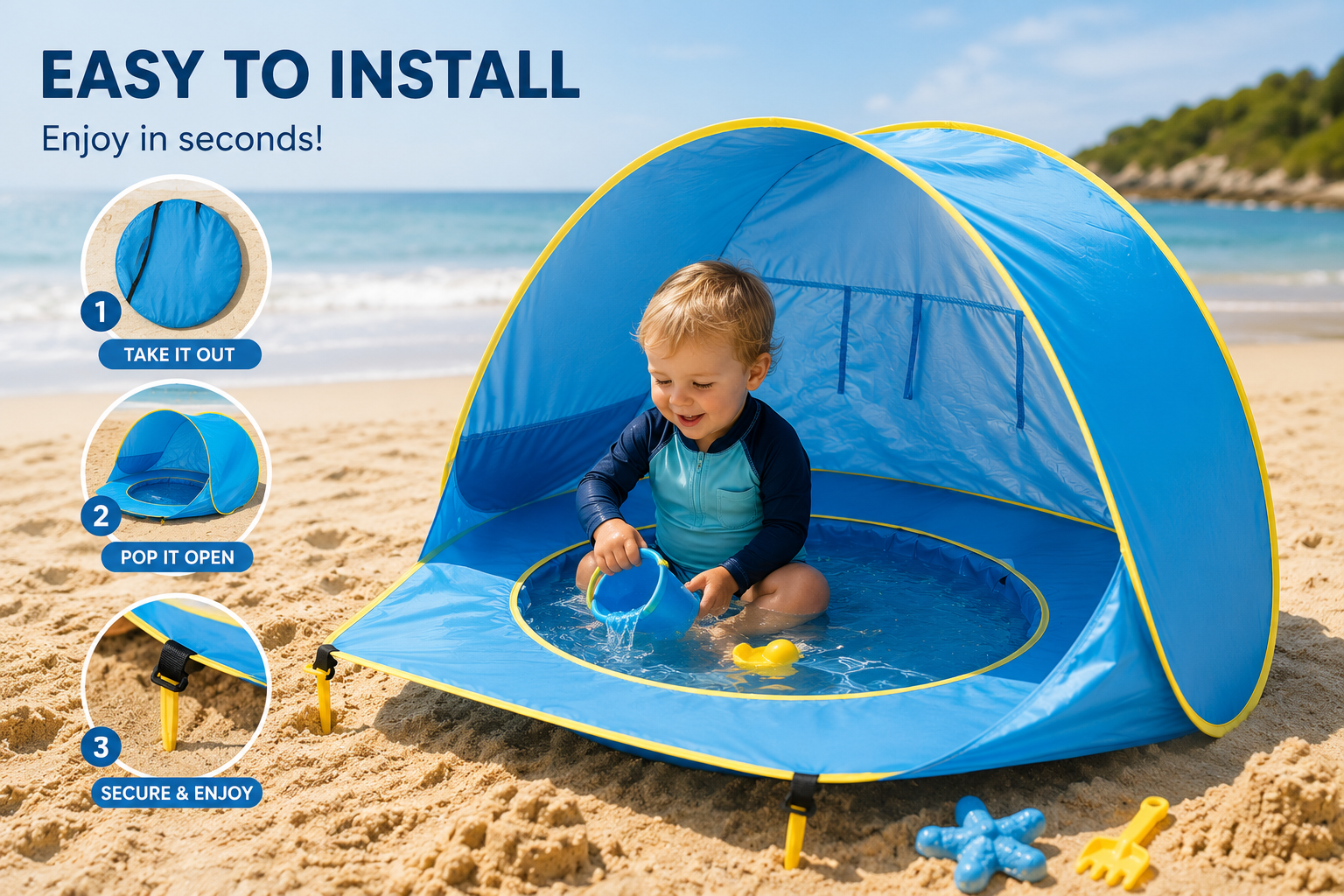 Baby Beach Tent met Splash Pool | UV50+ Zonbescherming | Pop-up Strandtent voor Baby's & Peuters