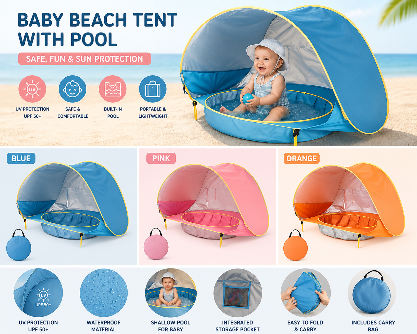 Baby Beach Tent met Splash Pool | UV50+ Zonbescherming | Pop-up Strandtent voor Baby's & Peuters